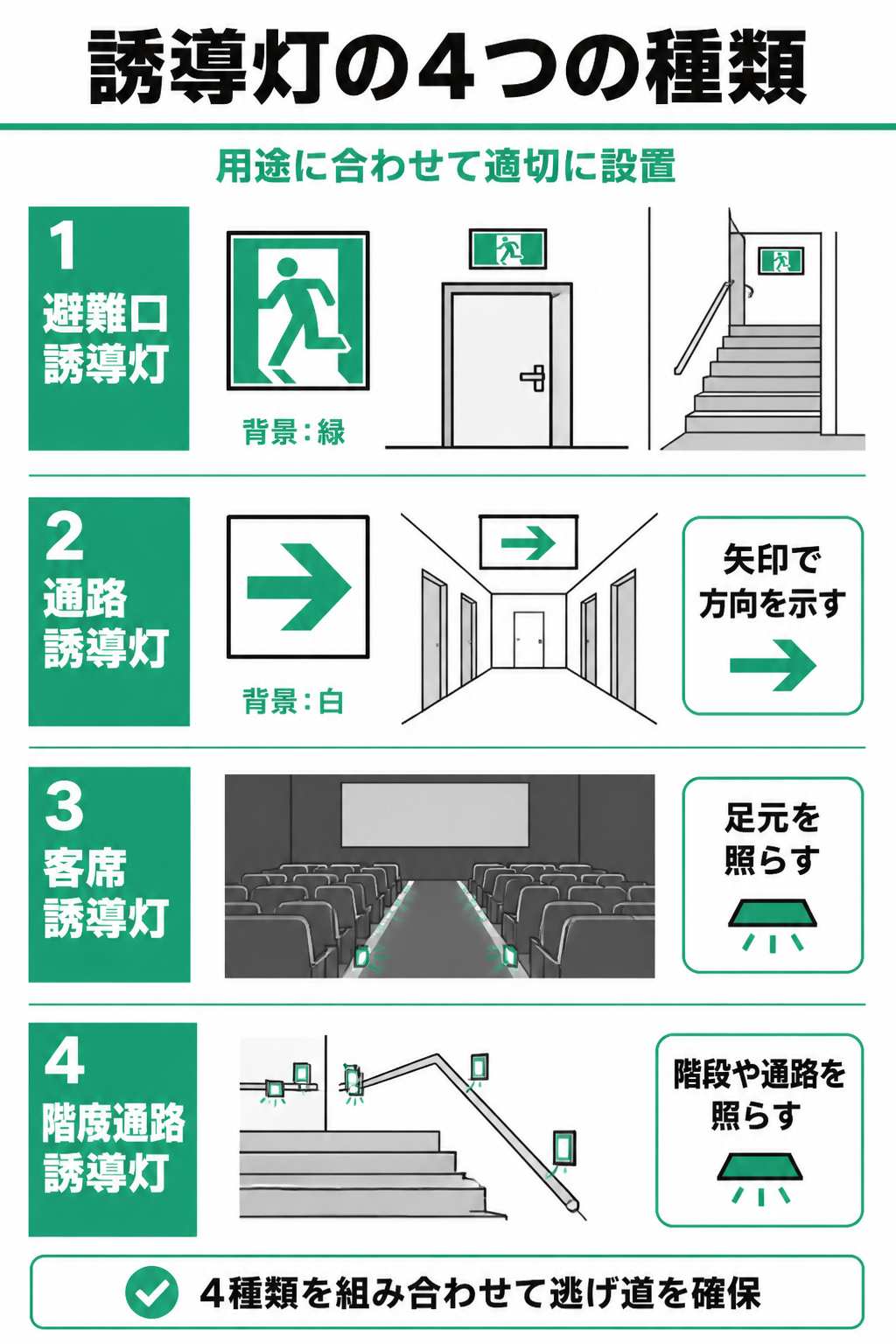 誘導灯4種類の図解（避難口・通路・客席・階段通路）